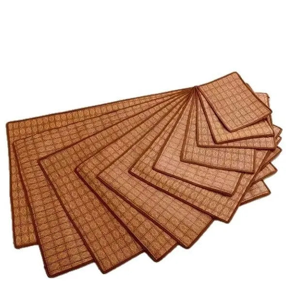 Brown rattan fibre summer cooling mat for dogs on wooden floor