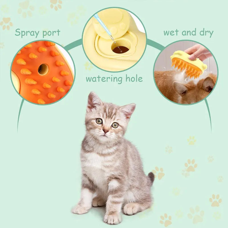 3-in-1 steamy pet brush with button for grooming cats and dogs, showing medium-sized handle.