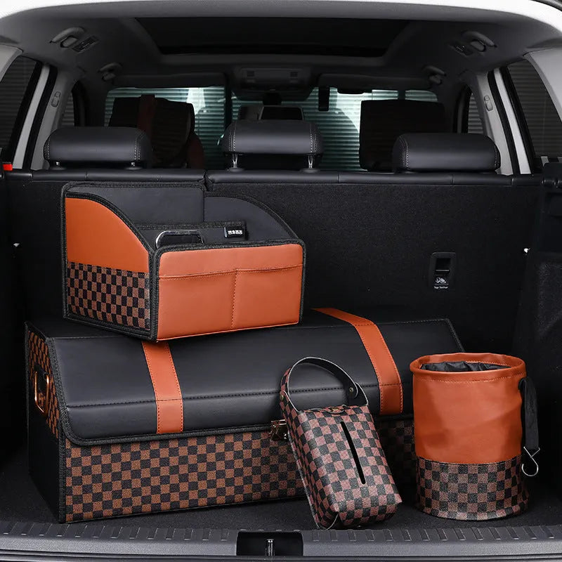 Brown leather car trash can with a handle, shown in folded and unfolded states