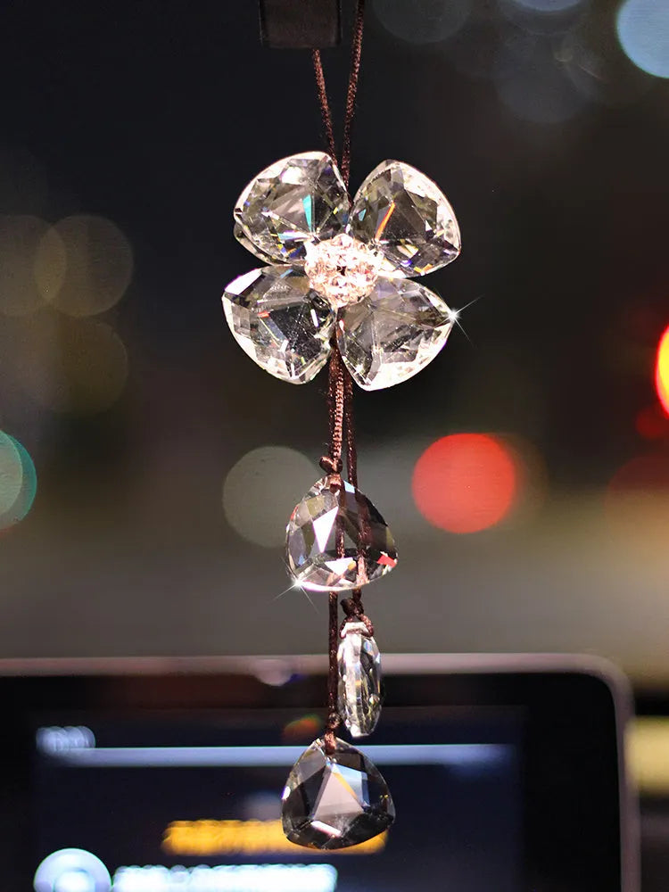 Crystal four leaf grass car pendant in four colour options hanging from rearview mirror