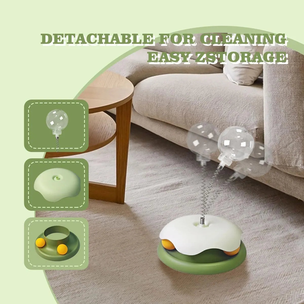 Blue and green interactive cat treat dispenser toy with a track ball on a wooden floor.