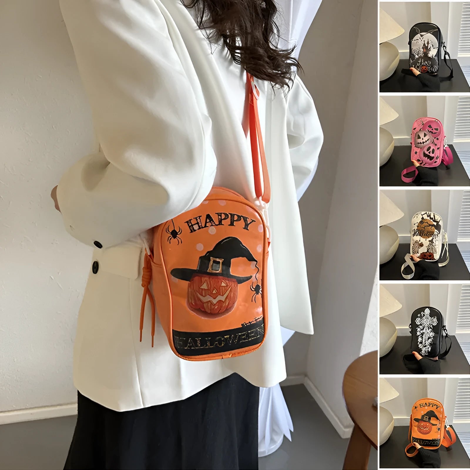 Halloween graffiti print crossbody phone bag with cartoon pumpkin ghost bat designs