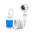Portable outdoor camping electric shower with 5000mAh rechargeable battery, ABS plastic, IPX7 waterproof, two water output modes, includes pump, showerhead, and shower rack