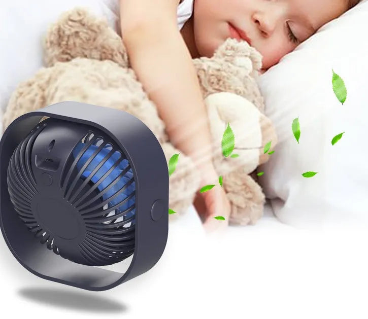 USB desk fan alarm clock with 360-degree rotation in deep blue colour