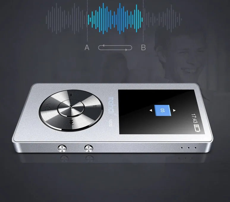 Gold, silver, and black all-metal MP3 player with 1.8-inch screen showing music menu.