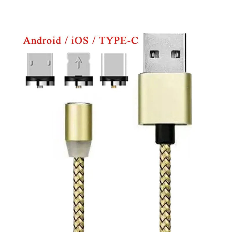 Black braided magnetic USB charging cable with LED light and aluminium connector.