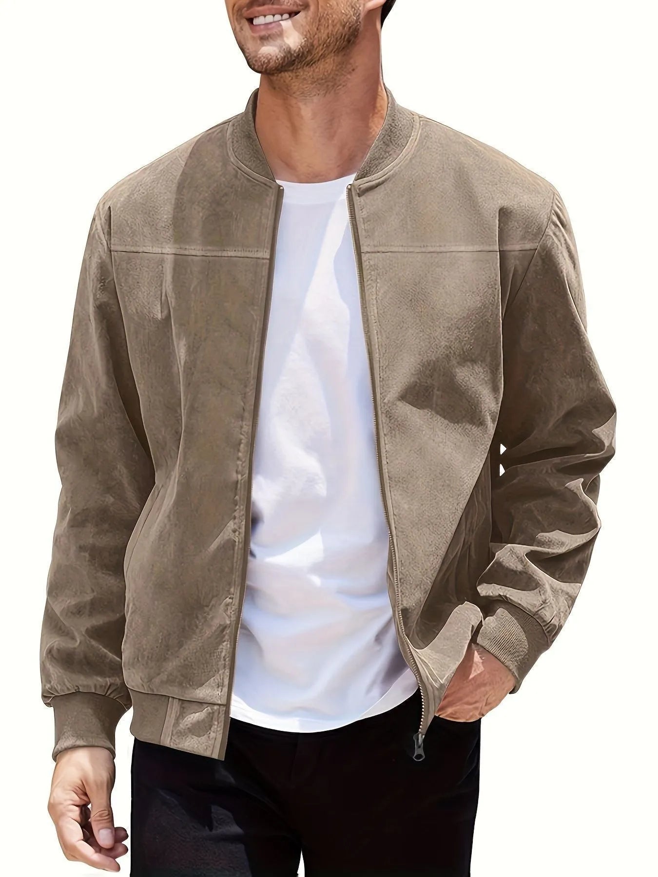 Men's plus size suede zip-up jacket in Army Green colour on a hanger.