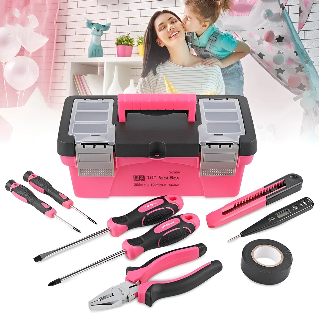 8-piece household tool kit with carbon steel screwdrivers and wire cutters in a 10-inch tool box
