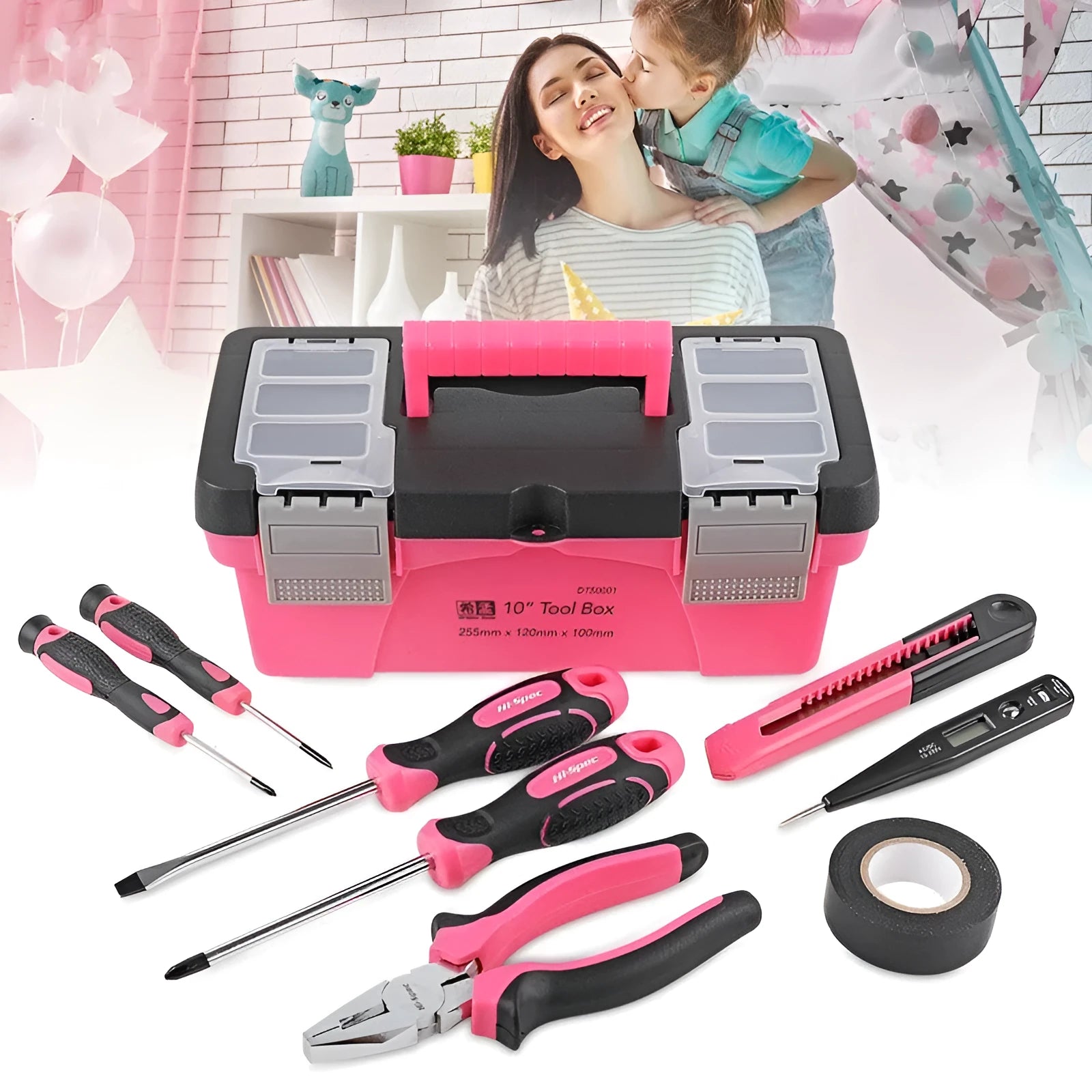 8-piece household tool kit with carbon steel screwdrivers and wire cutters in a 10-inch tool box