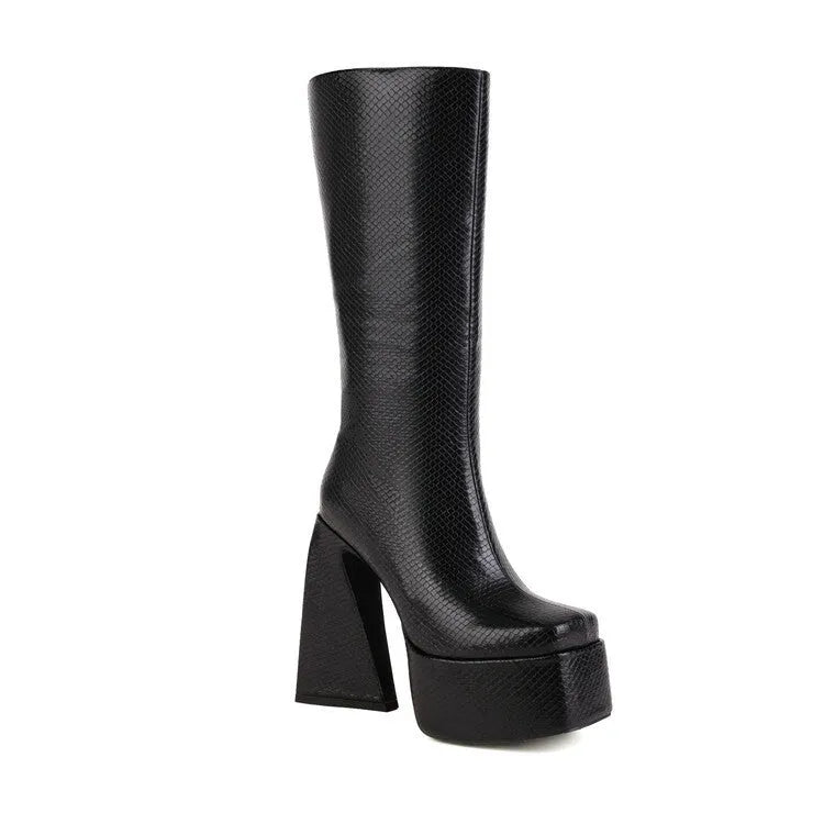 Women's black high boot made of faux PU leather, shown in a casual style.