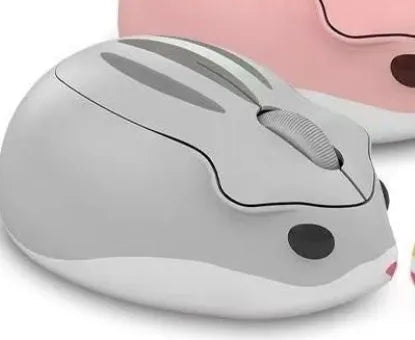 Hamster Wireless Mute Mouse in yellow, pink, and gray colour options, showing its compact size.