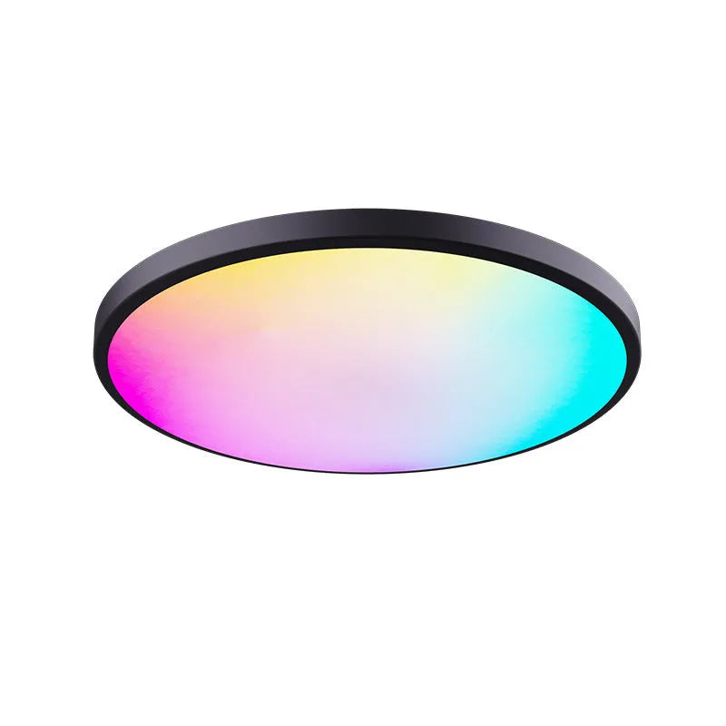Modern round Bluetooth RGBCW ceiling panel light with remote control, shown in a white finish on a ceiling.