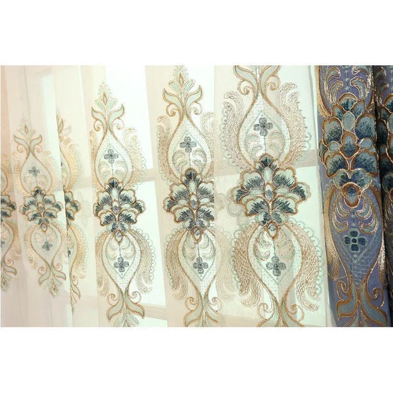 Slub cotton embroidery curtain fabric in beige with flat embroidery detailing for high shading vertical curtains