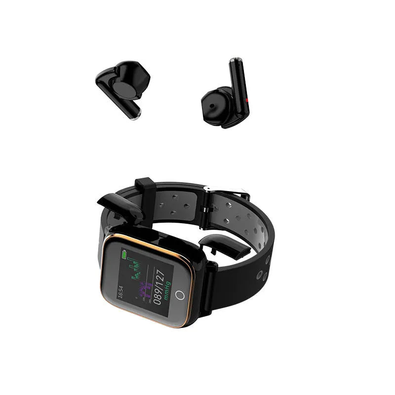 Black smartwatch with built-in Bluetooth earbuds showing heart rate monitoring on 1.4-inch screen