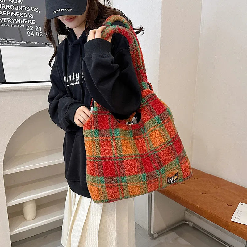 Women's plaid soft plush crossbody tote bag in army green showing large capacity and zipper compartment
