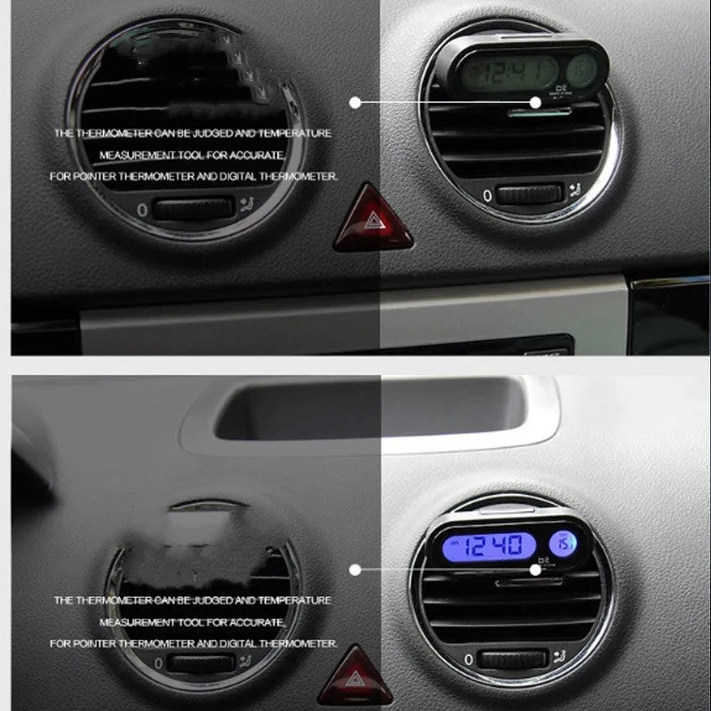 Black car dashboard clock thermometer with luminous LED display showing time and temperature