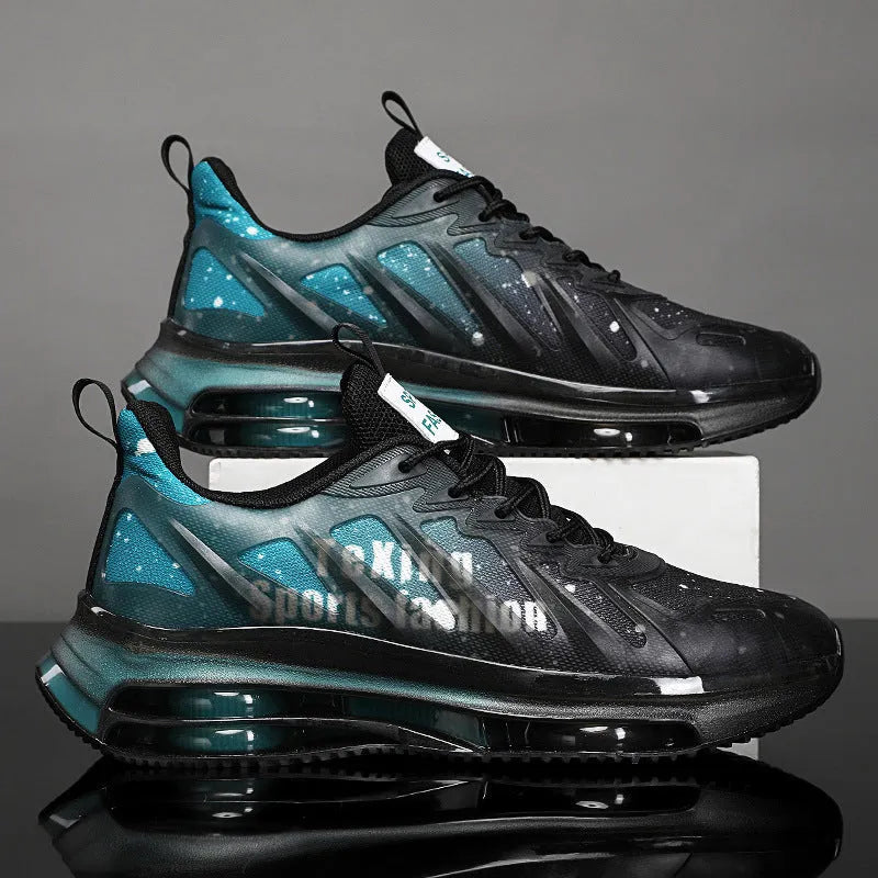 Men's black and green mid-top platform casual running shoes with mesh upper and rubber sole.