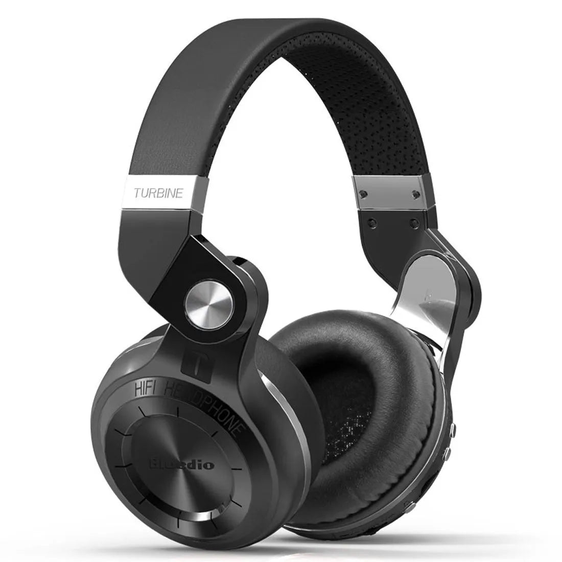Black Bluetooth earbuds showing card plug-in storage design and separate silicone eartips.