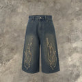 Men's black denim shorts with patch and flame embroidery, cropped length straight leg streetwear