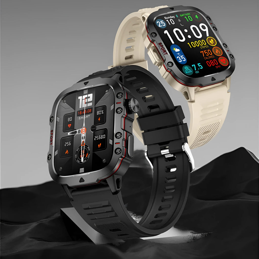 QX11 smartwatch with black zinc alloy case and TFT touch screen displaying heart rate data.