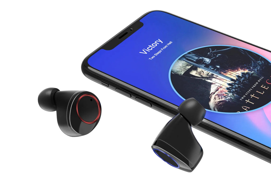 Black X11 Bluetooth wireless earbuds and charging case on a white background