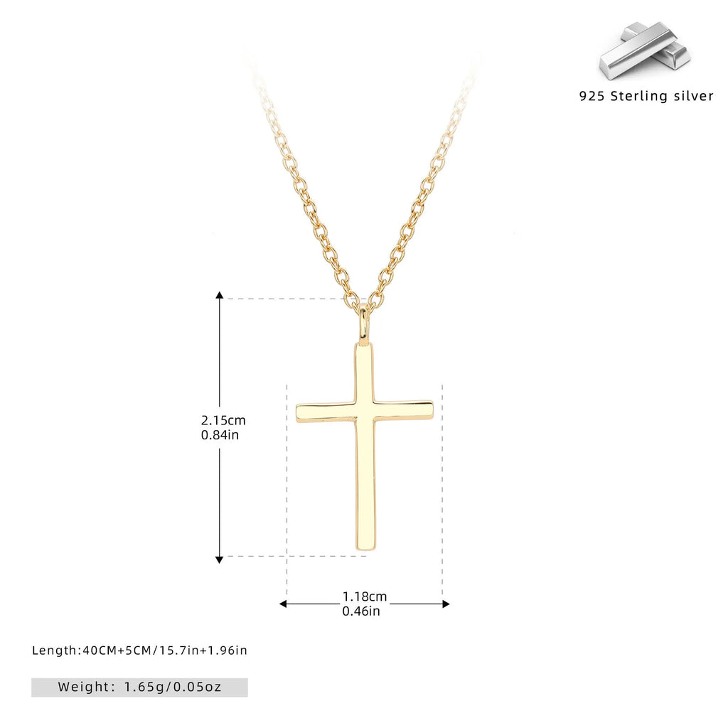 S925 sterling silver necklace with a simple glossy cross pendant on an adjustable O-shaped chain.