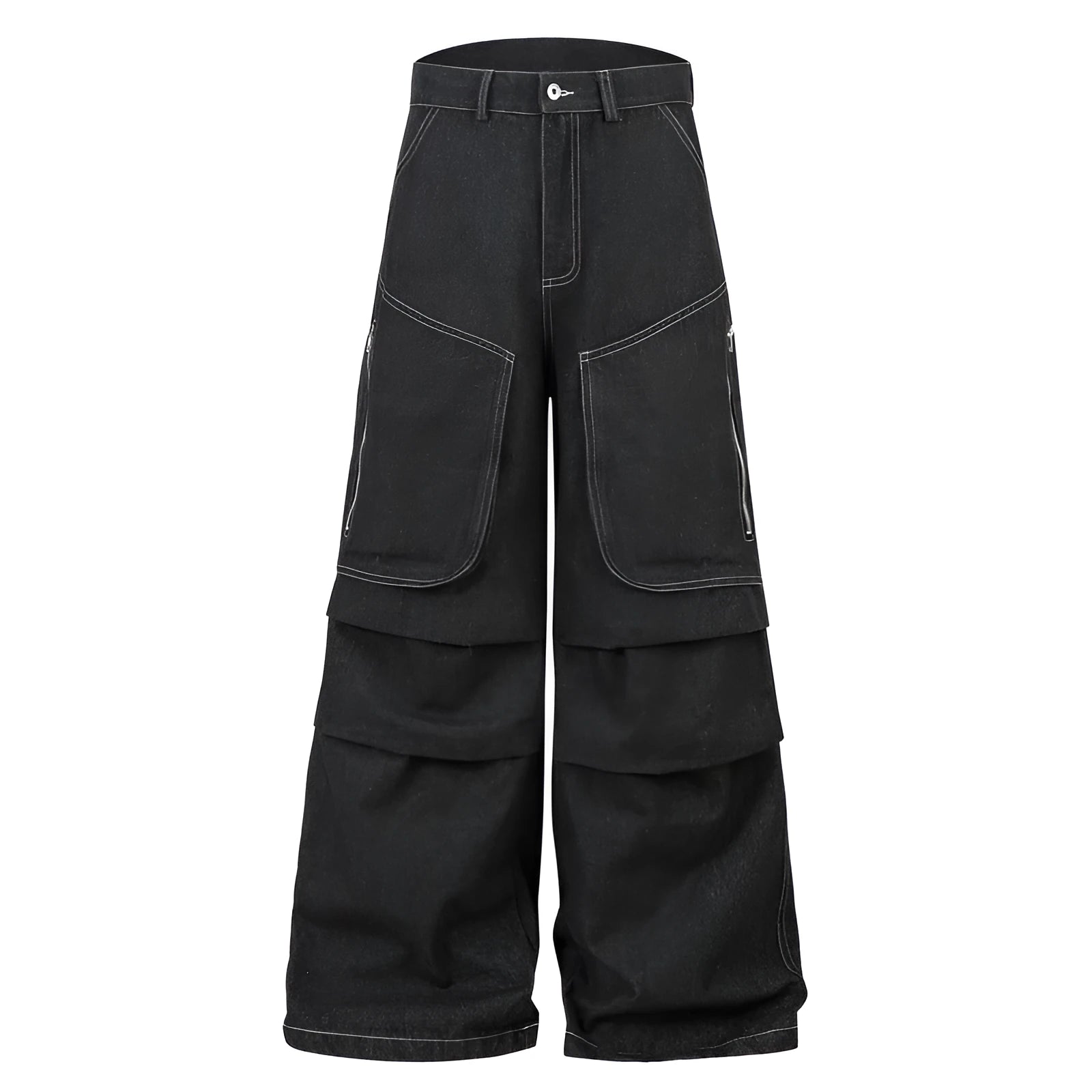 Black multi-pocket pleated workwear jeans made from cotton denim on a plain background.