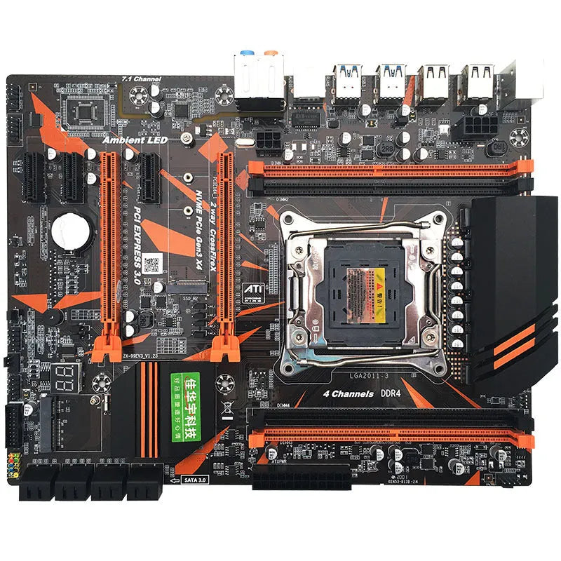 X99 motherboard showing LGA2011-3 CPU socket, four DDR4 slots, M.2 interface, and rear USB audio ports