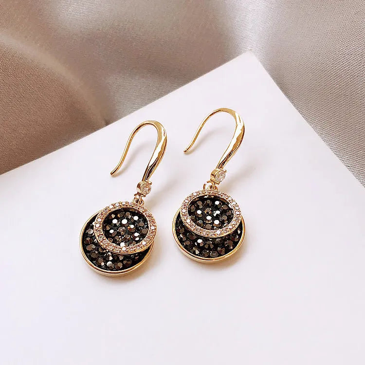 Black geometric round alloy earrings with 3.6cm drop length, retro Hong Kong style design