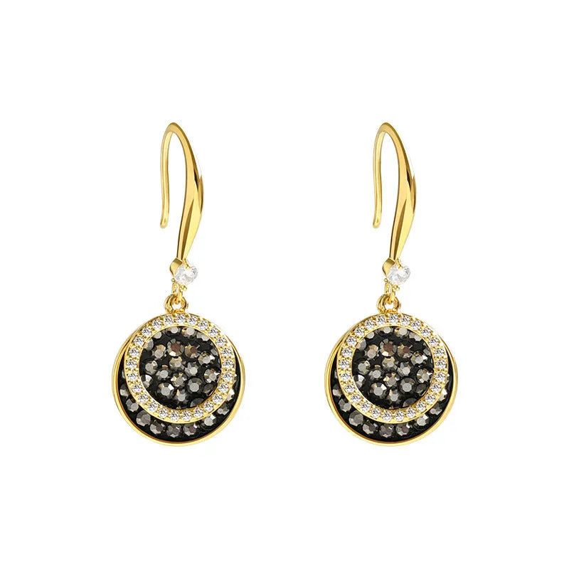 Black geometric round alloy earrings with 3.6cm drop length, retro Hong Kong style design