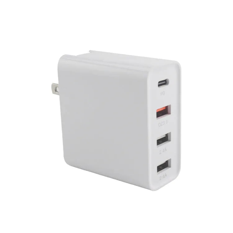 Black 48W four-port USB-C charger with UK plug for multiple device charging