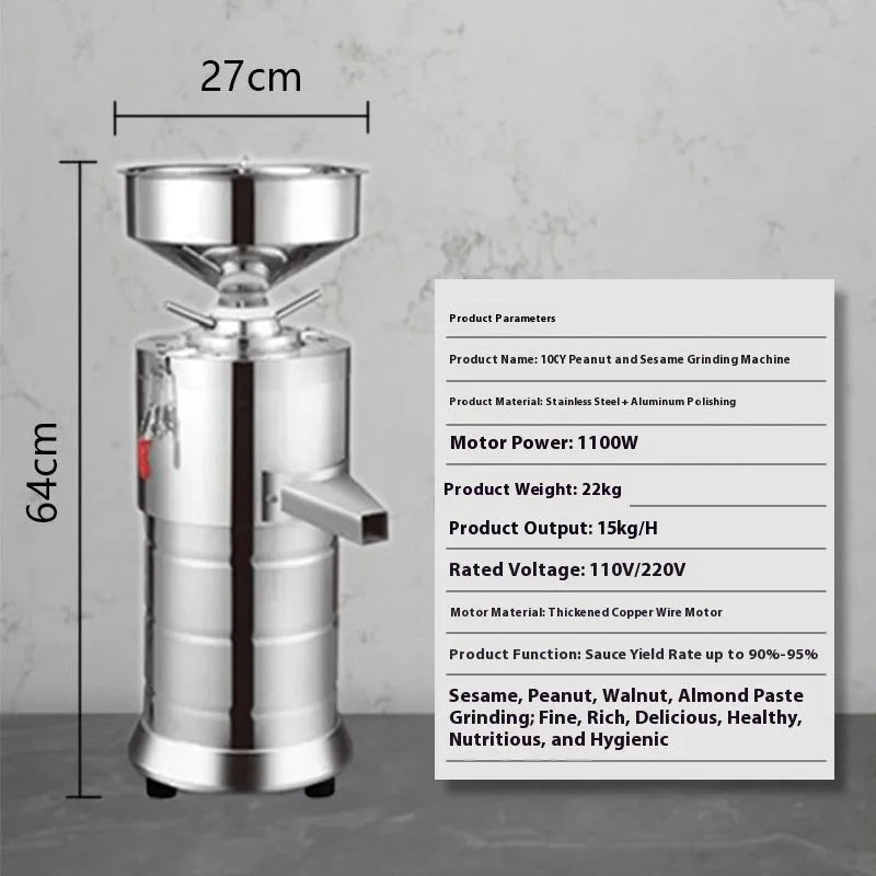 Electric sesame paste grinding machine with stainless steel construction