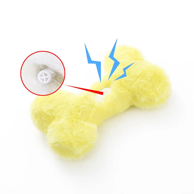 Blue plush bone dog toy with BB sound device for bite-resistant interactive play