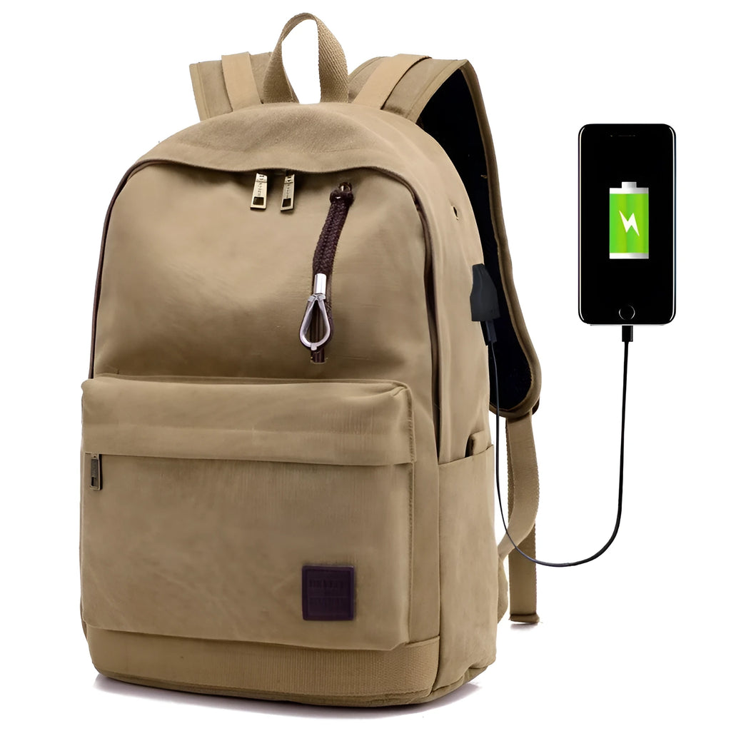 Canvas backpack with USB charging port in grey colour showing multiple compartments