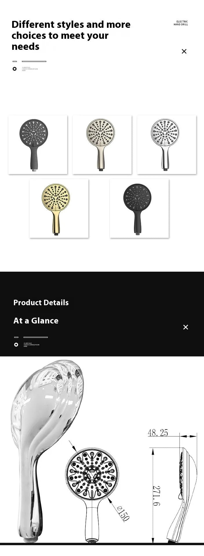 6-inch handheld shower head with electroplated finish and multiple spray functions