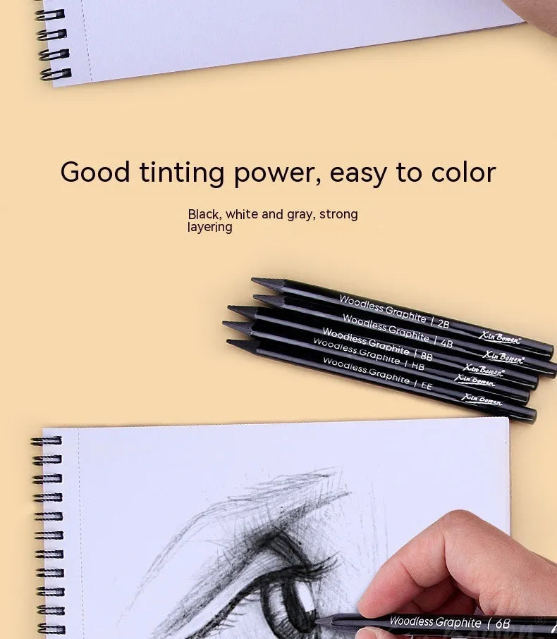 Set of six wood-free graphite sketching pencils with HB 2B 4B 6B 8B EE hardness grades