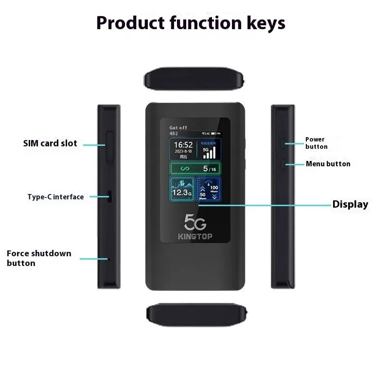 Black portable 5G Wi-Fi router with LCD screen showing connection status and battery level