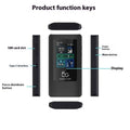 Black portable 5G Wi-Fi router with LCD screen showing connection status and battery level