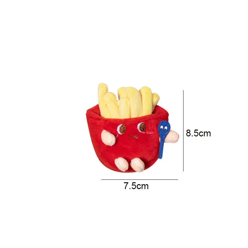 Set of five cat teething toys shaped like hamburger, chicken leg, fries, bread and hot dog
