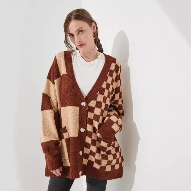 Grey loose slim fit checked knit cardigan for women on a hanger