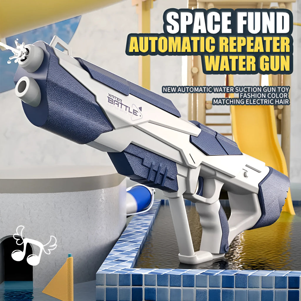 Blue electric water gun with USB charging cable and 55cm length measurement