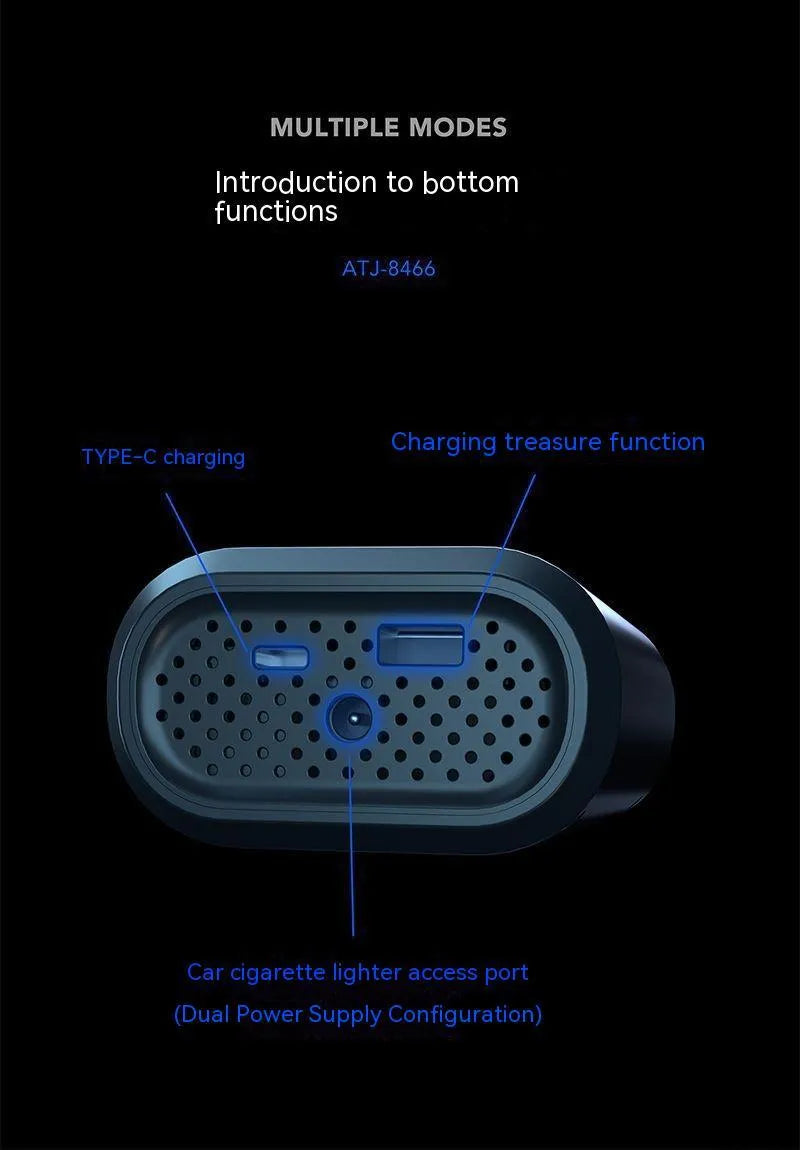 Black handheld digital wireless tyre inflator pump with LED light display on a grey background.