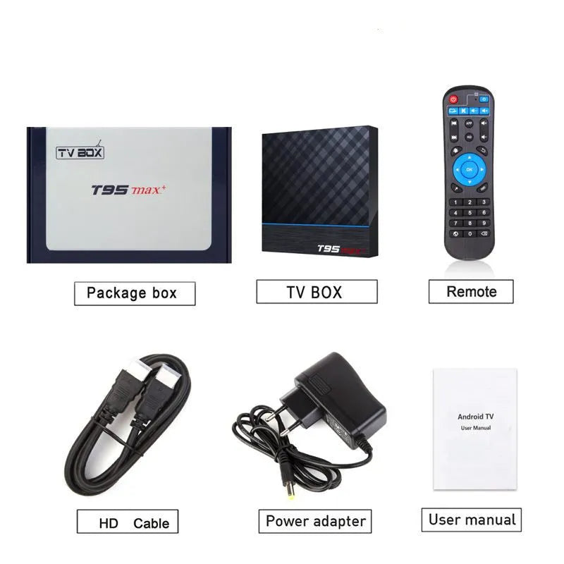 Black T95 Max Plus Android TV box unit with remote control and UK power plug adapter on a table.