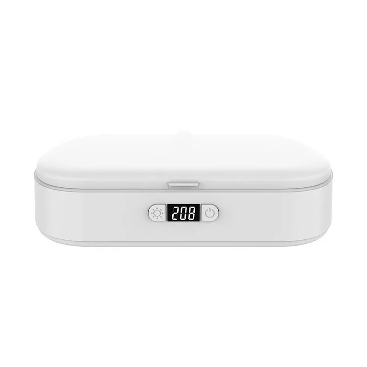 White ABS wireless UV steriliser and charging box with display showing dimensions and phone inside.