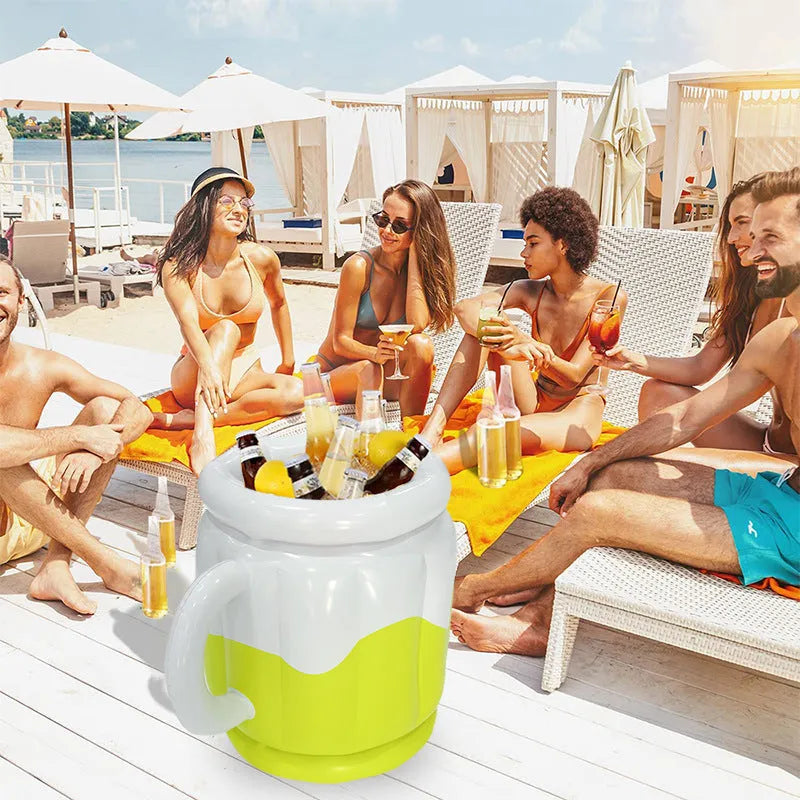 Yellow inflatable PVC ice bucket for outdoor parties and camping.
