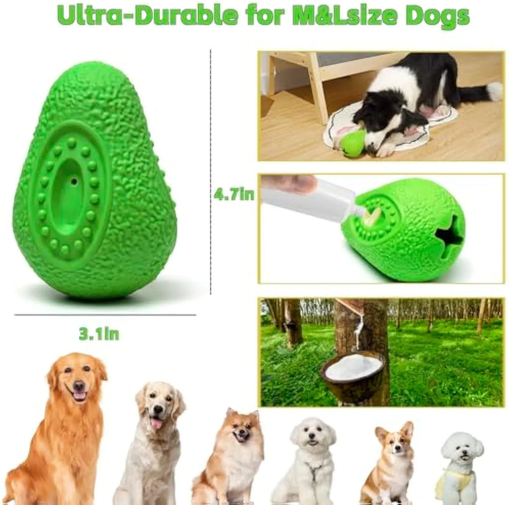 Green avocado-shaped natural rubber dog chew toy with textured surface for aggressive chewers