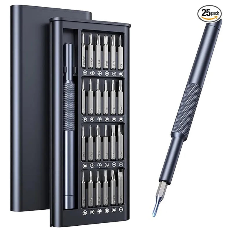 25-in-one magnetic screwdriver set with chrome vanadium bits and two black knurled handles.