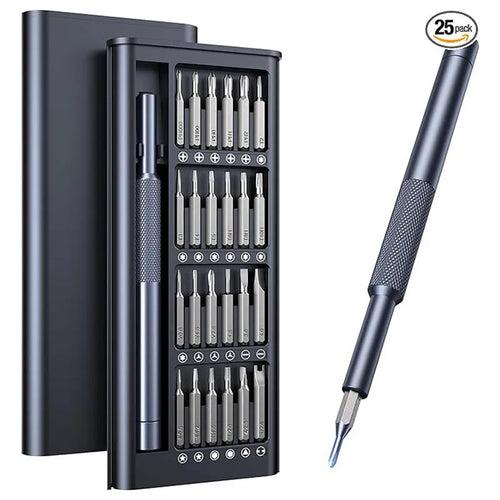 25-in-one magnetic screwdriver set with chrome vanadium bits and two black knurled handles.