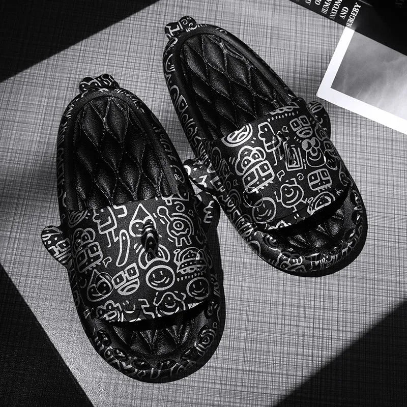 Pair of light beige open-toe EVA slippers with a shark design on a white background.