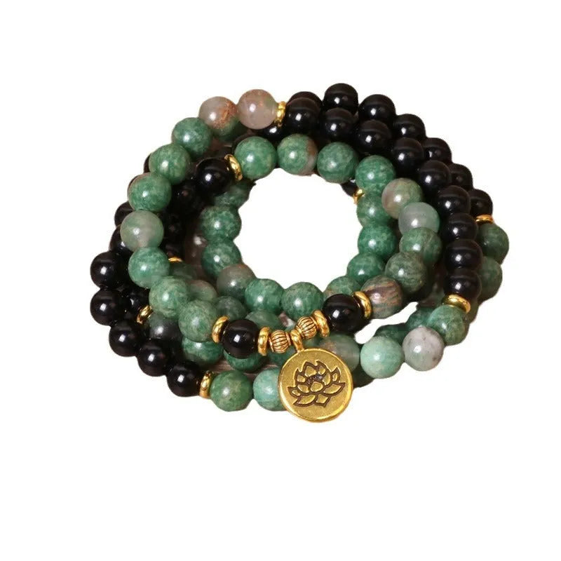 Green and black alloy elastic beaded bracelet with natural style on wrist